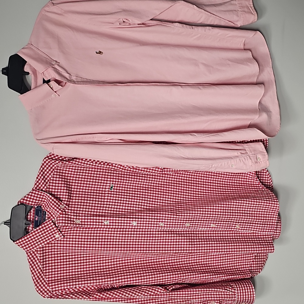 Vineyard Vines Men's Medium Red Check Plaid & Ralph Lauren Peach Button Down - Picture 16 of 16